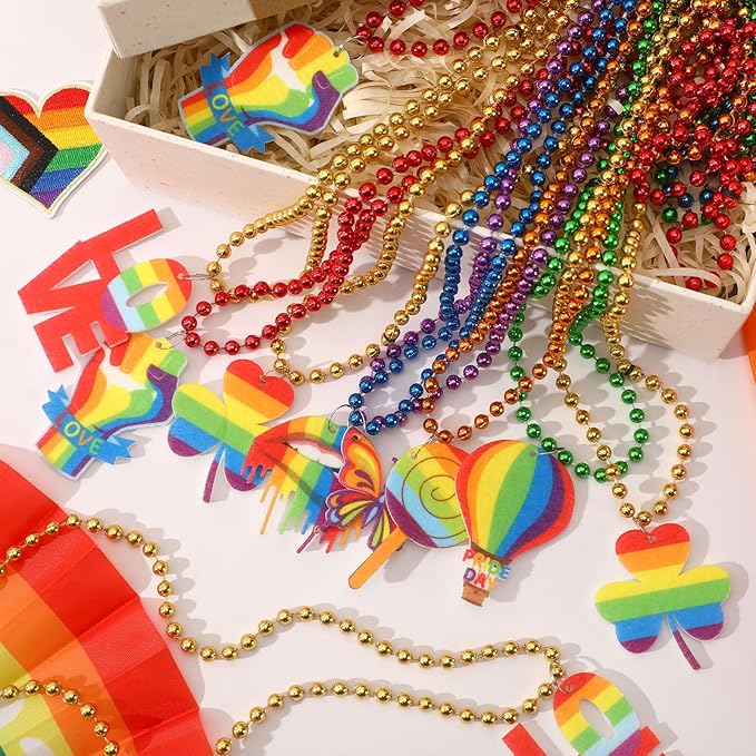 NOVWANG 24 Pcs Pride Beads Necklace 12 Styles Rainbow Beads Necklaces Multi Colors Necklaces for LGBT Parade Decorations Pride Party Favors