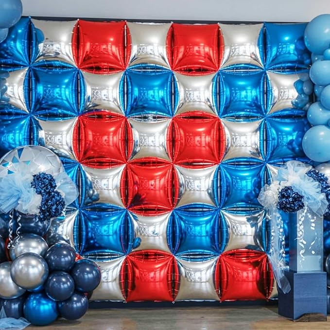 Blue Red Square Balloon Foil, 25PCS Double Sided Royal Blue Red and Metallic Silver Square Foil Balloon Backdrop Wall for 4th of July Independence Day Memorial Day Baseball Sport Birthdays Graduation