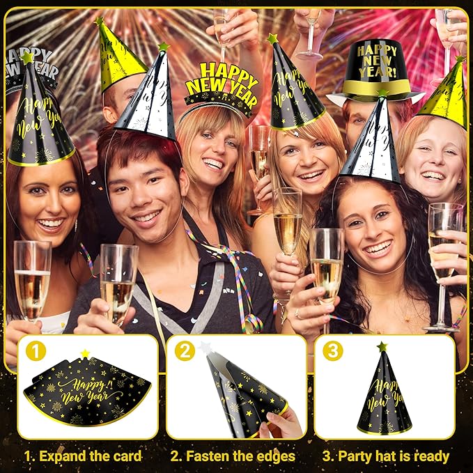 60PCS New Years Eve Party Favors, 30 People New Years Party Hats, Happy Eve Accessories Gold Silver Black, Cardboard Cone Hat Top Party Horn Blowers Tiara Supplies Decorations