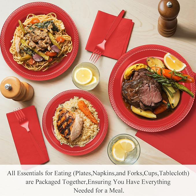 Red Plastic Plates Tableware Set - 50 Guest - 7&9inch Plates,Napkins,Forks,Cups & Tablecloths,Disposable Party Supplies for Birthday,BBQ,Christmas