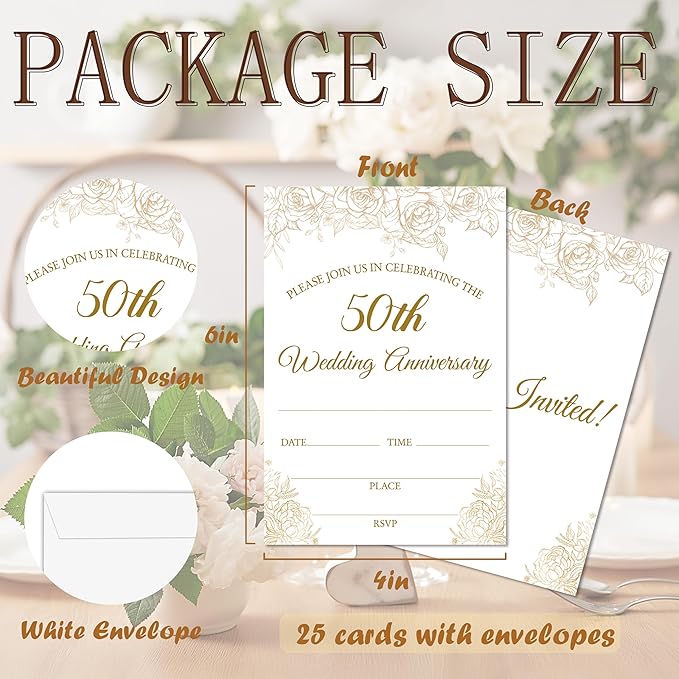 50th Wedding Anniversary Invitations, Gold Rose Invites Cards For Couple, Happy 50th Anniversary Party Celebration Favors Supplies, 25pcs Banquet Party Fill In Invitation Cards With Envelopes -02