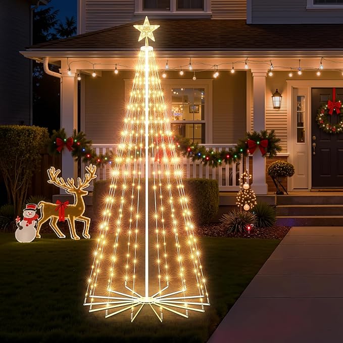 Outdoor Christmas Cone Tree Light, 12 Feet 1070 LEDs Outdoor Lightshow with Star Topper, Artificial Christmas Tree for Yard Square Plaza Christmas Decorations, Warm White