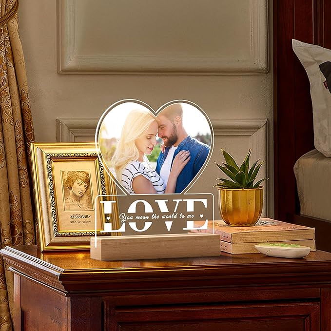 Personalized Picture Frame with Photo, Custom Photo Frame with Night Light, Customized Gifts for Girlfriend Boyfriend, Personalized Anniversary Couple Gifts for Women Men Her Him Wife