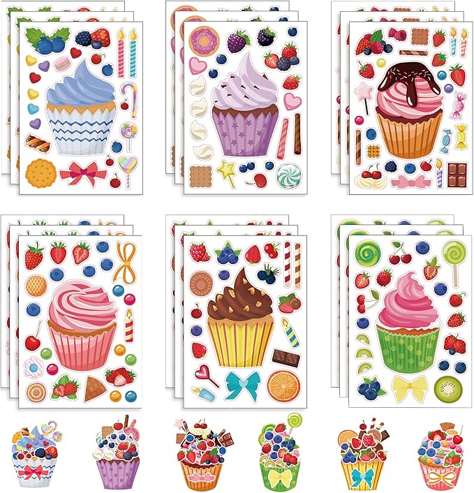 24 Sheets Cupcake Make a Face Sticker Sheets for Kids Todders Activities, Make Your Own Stickers for Kids Birthday Party Favor Supplies Craft
