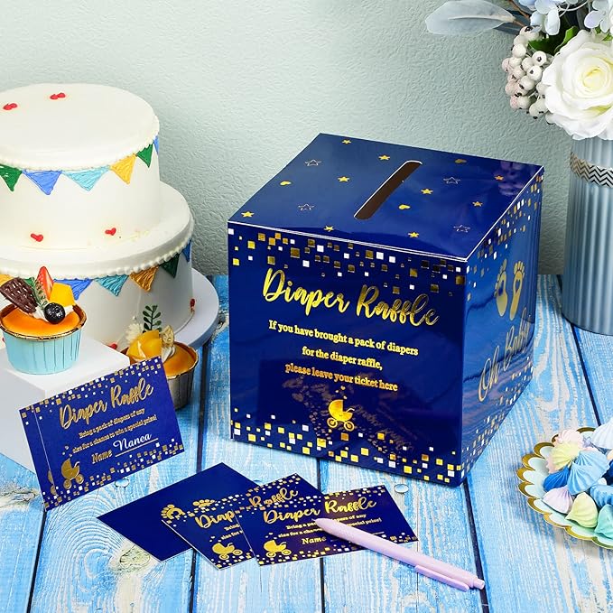 Funrous 51 Diaper Raffle Tickets with Box for Baby Shower Game Invitations Diaper Raffle Card for Gender Reveal Baby Shower Party Decoration Table Centerpiece(Navy, Gold)