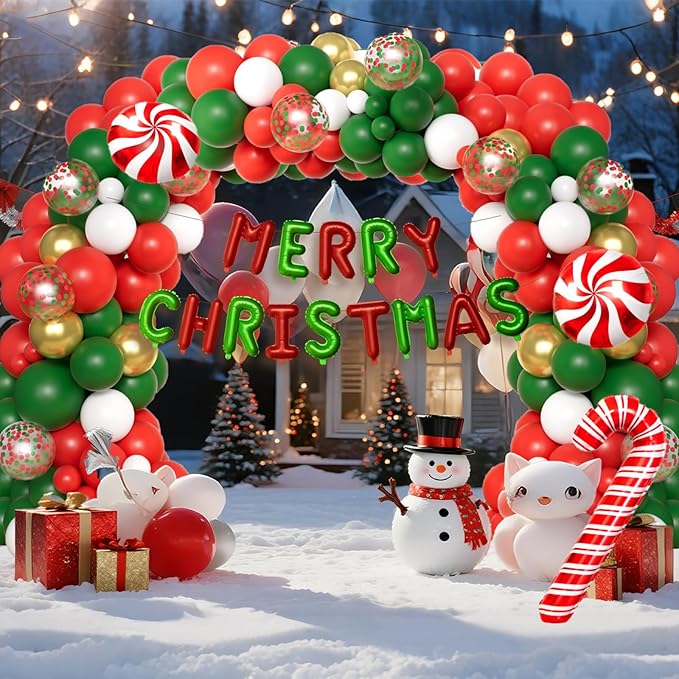 Christmas Party Decorations Christmas Balloon Arch Kit with Metallic Fringe Curtains, Merry Christ mas Banner and Candy Cane Balloons for Friendsmas Xmas Birthday Party Decorations