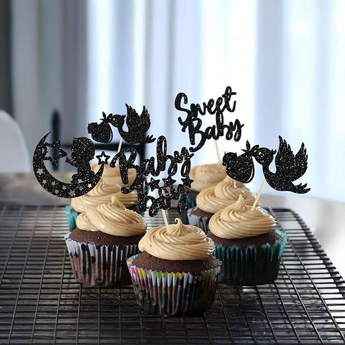 24Pcs Sweet Baby Boy Cupcake Toppers Black Glitter Moon Star Baby Shower Gender Reveal Cupcake Picks Decorations for Baby Shower Kids Boys Birthday Party Cake Decorations Supplies