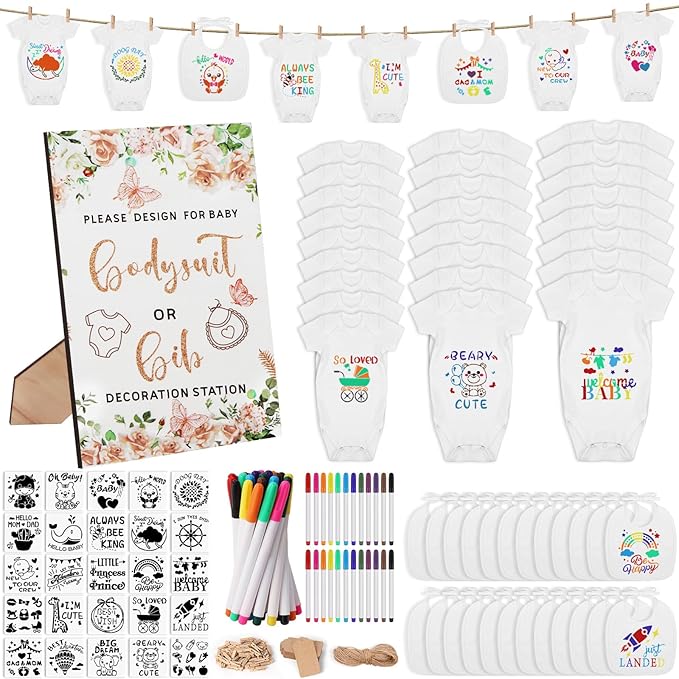 201 Pcs Baby Shower Set Baby Shower Game Sign Baby Bib Bodysuit White Baby Bib Newborn Bodysuit Baby Shower White Decorating Kit(PinkFlowerButterfly)