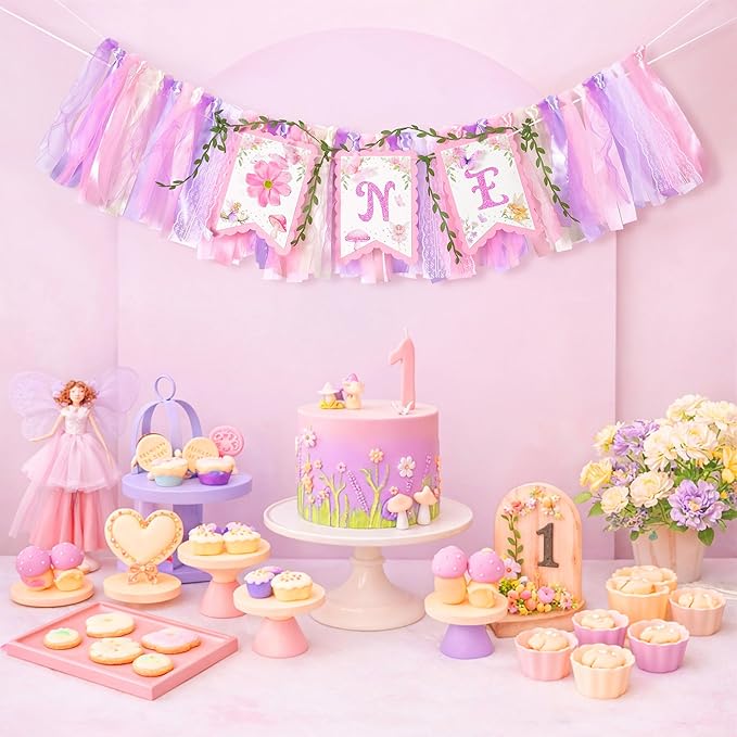 Fairy First Birthday High Chair Banner One High Chair Banner Girl Photo Backdrop Fairy First Birthday Decorations for Girl Wall Hanging Decorations for Kids Bedroom
