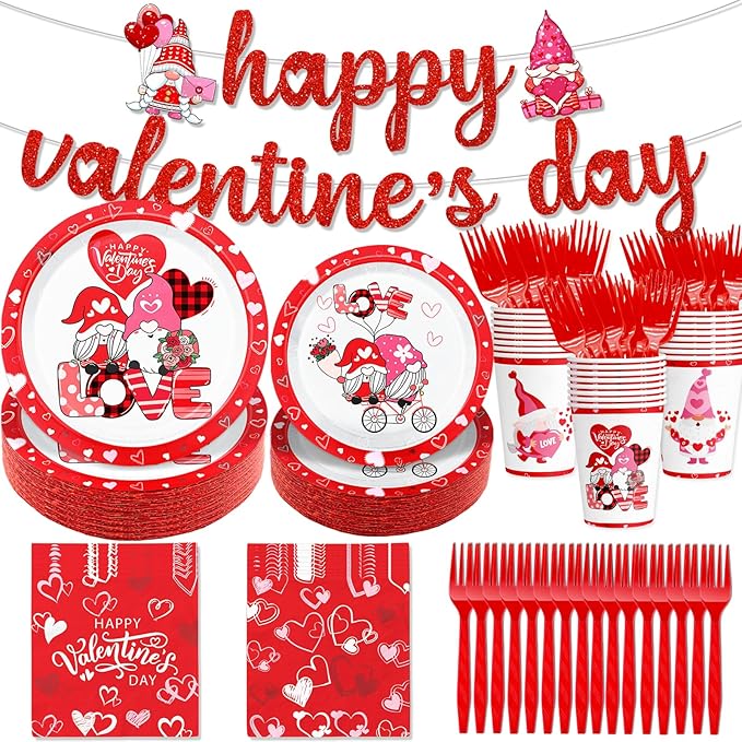 Happy Valentines Plates and Napkins: 121pcs Happy Valentines Party Decorations with Valentines Day Plates and Napkins Sets Happy Vablentine's Day Banner for Room Home Decor