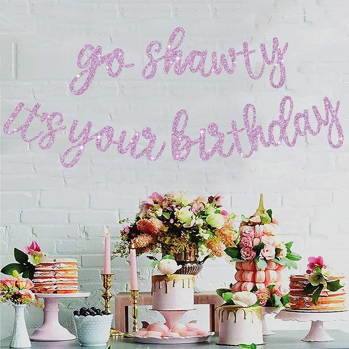 BEISHIDA Light Purple Go Shawty It's Your Birthday Banner - NO DIY - Hip Hop Theme Glitter Happy Birthday Banner - Pre-Strung - Light Purple Rap Theme Happy Birthday Sign for Man Women birthday Party