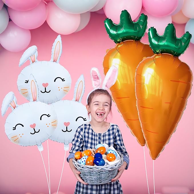 5PCS Easter Bunny Balloons Set Large Rabbit Head & Carrot Foil Mylar Balloons Cute Bunny Face Balloon for Easter Party Decorations Baby Shower Rabbit Birthday Spring Theme Party Supplies