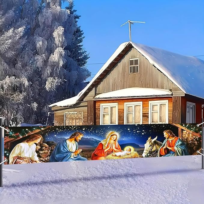 Nativity Scene Decorations Banner Polyester Fabric Holy Family Manger Design for Indoor Outdoor Garden Fence Banner Party Outdoor Porch sign 118x20 Inch Supplies Banners