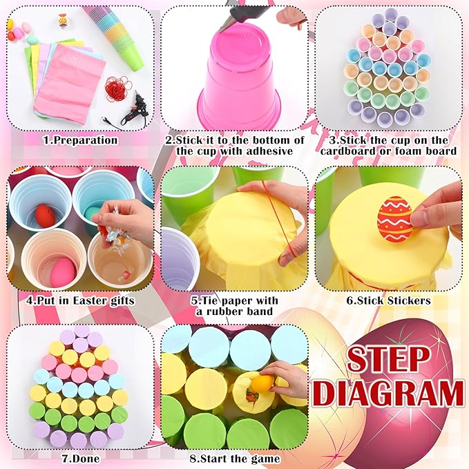 50 Pack Easter Punch Party Game Set Funny Easter Activities Games DIY Prize Punch Box 50 Pcs 16oz Plastic Cup 50 Sheets Tissue Paper 150 Egg Shaped Stickers 100 Rubber Band(Multicolor)