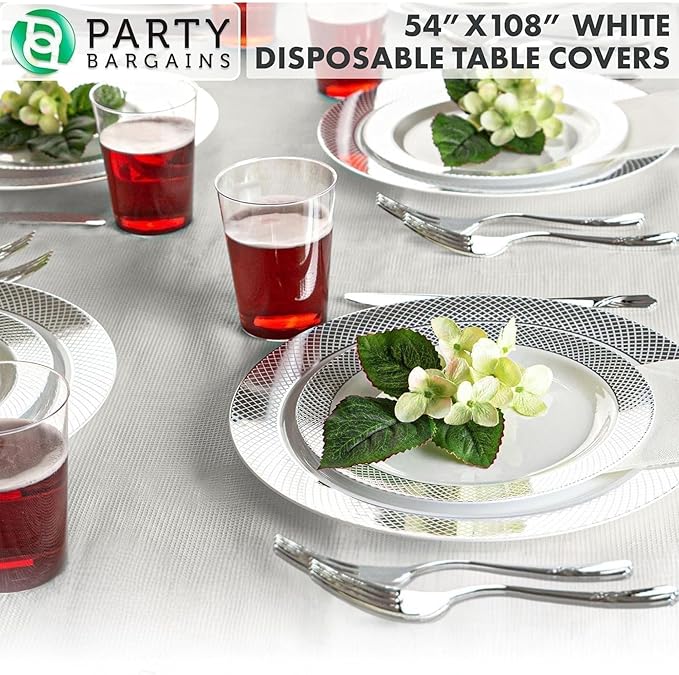 PARTY BARGAINS Disposable Table Covers, 54 x 108 Inch, White, 3-Ply Paper & Plastic Spill-Resistant Party Tablecloths, 5 Pack