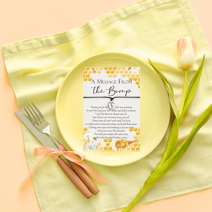 Thyle 50 Set Bee Baby Shower Favors for Guests Adjustable Bracelets with Message from the Bump Card Footprints Charm Baby Shower Bracelets for Gender Reveal Thank You Gifts