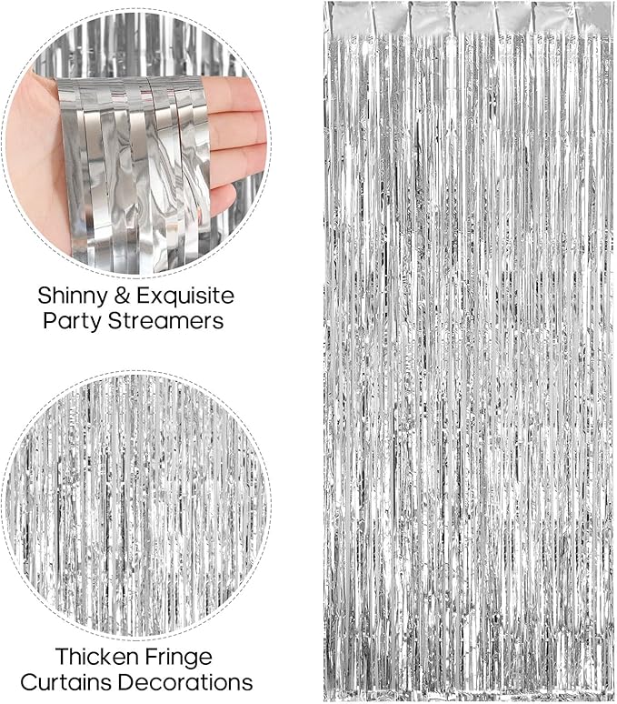 2 Pack Fringe Curtains Backdrops, Foil Fringe Curtains, Door Streamers for Birthday Wedding Bridal Shower Holiday Graduation Party Decorations, Photo Booth Backdrops, Silver