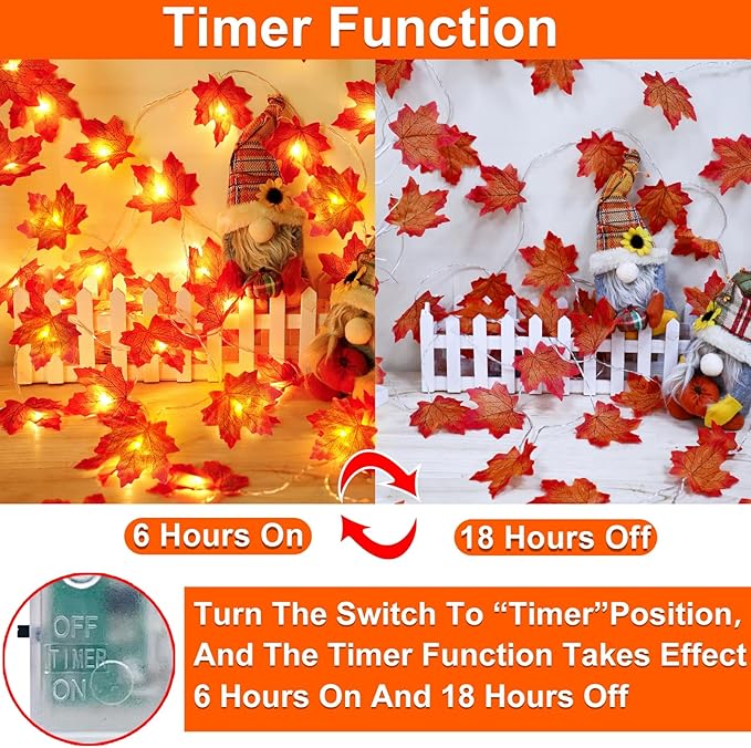 Timer&3 Pack-30Ft Fall Garland Fall Decorations for Home, 60LED Fall Lights Patented Realistic Maples Leaf Garland Battery Operated Waterproof Indoor Outdoor Christmas Thanksgiving Halloween Decor