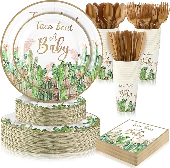 350 Pcs Taco' Bout A Baby Party Decorations Cactus Taco Pampas Grass Baby Shower Party Tableware Set Disposable Plates Cups Napkins Cutlery for Birthday Baby Shower Wizard Party, Serve 50