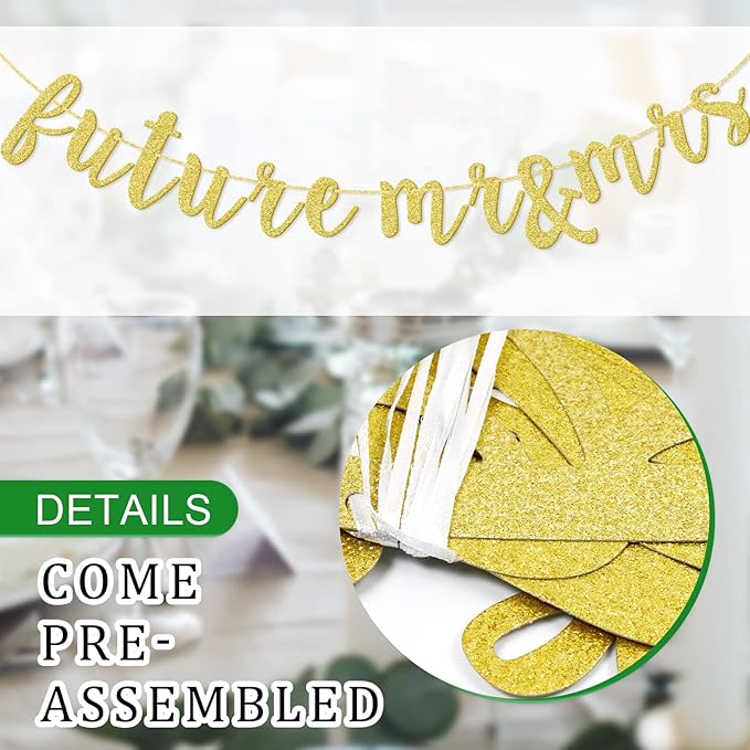 Future Mr & Mrs Banner for Engagement Bridal Shower Bride and Groom Party Decorations Pre-Strung Sign (Gold Glitter)