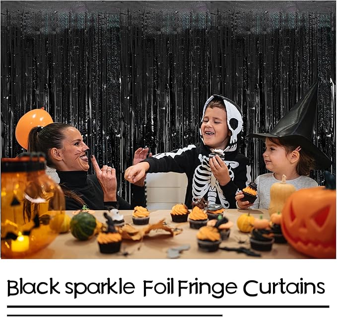 Tinsel Curtain Party Backdrop Black Birthday & Christmas Decor 5 Packs Glitter Foil Fringe Streamers for Photo Booth & Graduation