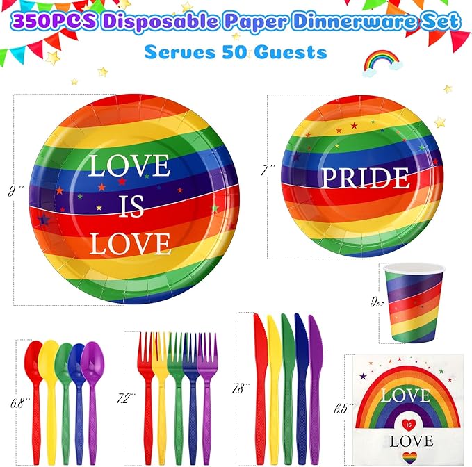 350 Pcs Disposable Gay Pride Month Party Tableware for 50 Guests Rainbow Paper Plates Love Napkins Cups Knives Forks Spoons for Gay Pride Party Lgbt Parade Festival Events Club Dance