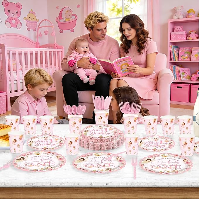 168 Pcs Fairy First Birthday Party Decorations Floral Fairy 1st Birthday Scalloped Plates Napkins Cups Forks Knives Spoons Pink Flowers Tableware Set for Girls One Year Old Party Supplies Serves 24