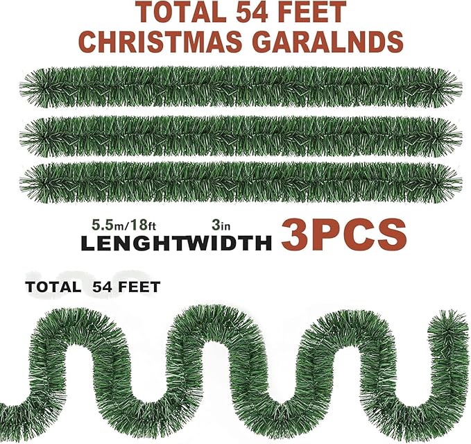 Christmas Garland 54 Feet - 3 Stands Artificial Evergreen Garland Soft Greenery Garland Set for DIY Christmas Decoration, Non-Lit Indoor Outdoor Garlands for Stair Railing/Mantle/Holiday/Party Decor