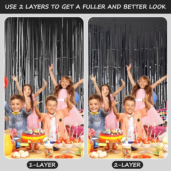 QRabbit 4 Pack Black Tinsel Foil Fringe Curtains - 3.3x6.6 Ft Metallic Party Streamers Backdrop for Birthday Wedding Christmas Party Decor, Self-Adhesive Photo Booth Wall Door Decorations