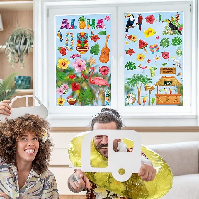 103 PCS Hawaiian Window Clings, 9 Sheets Tropical Hawaiian Party Decorations, Double-Sided Summer Window Clings with Tiki Masks Hibiscus Lei Patterns, Aloha Party Decorations for Home Office