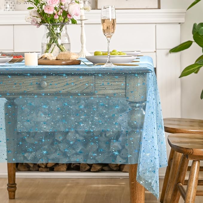 Horaldaily Light Blue Gold Sparkling Star Gauze Tablecloth 60x120 Inch Rectangular, Blue Star Sequin Glitter Metallic Foil, Sheer Tulle Cheesecloth for Wedding Baby Shower Party