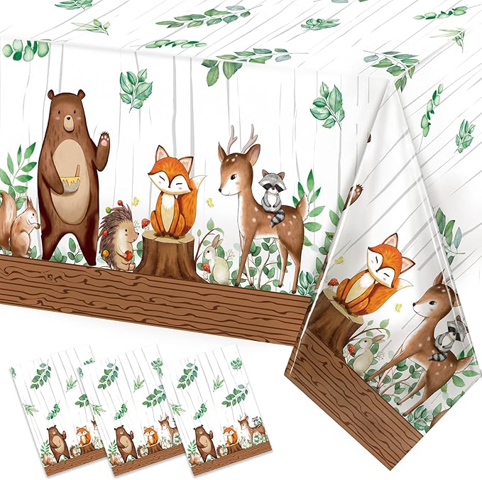 TREWAVE Woodland Animals Plastic Tablecloth Forest Wild Creatures Baby Shower Table Covers for Boy Girl Birthday Table Decoration Neutral Gender Reveal Decor Friendship Themed Party Supply 54" x 108"