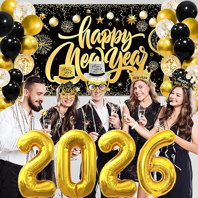 147 Pcs New Year Eve Party Supplies 2026 Black Gold Happy New Year Backdrop Party Decoration Serve 24 Guests Cone Hats Glasses Balloons Number 2026 Headband Tiaras Squawkers Necklace Party Favor