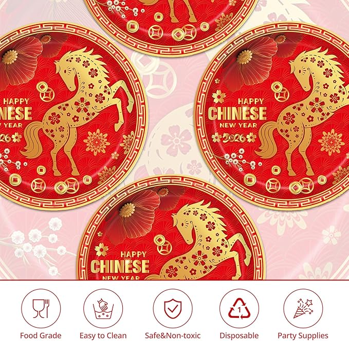 24 Pieces Chinese New Year 2026 Paper Plates – 9 Inch Red and Gold Horse Design Disposable Dinner Plates for Lunar New Year Party, Spring Festival, and Year of the Horse Celebrations