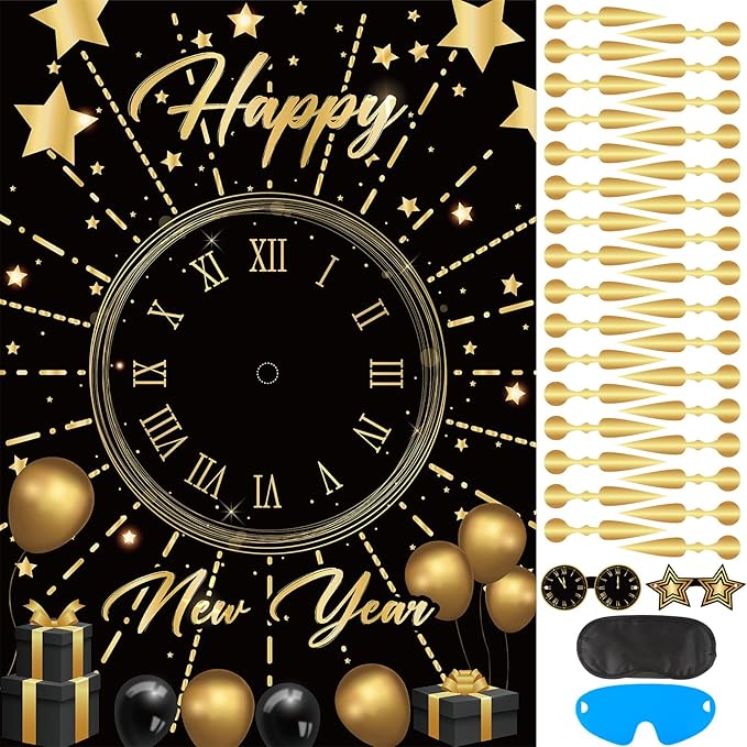 Hooqict New Years Party Games for Kids Family 2026 Pin The New Year’s Eve Games Countdown Clock Holiday Party Activities Supplies, Large Pin The Games Poster with 32 Stickers