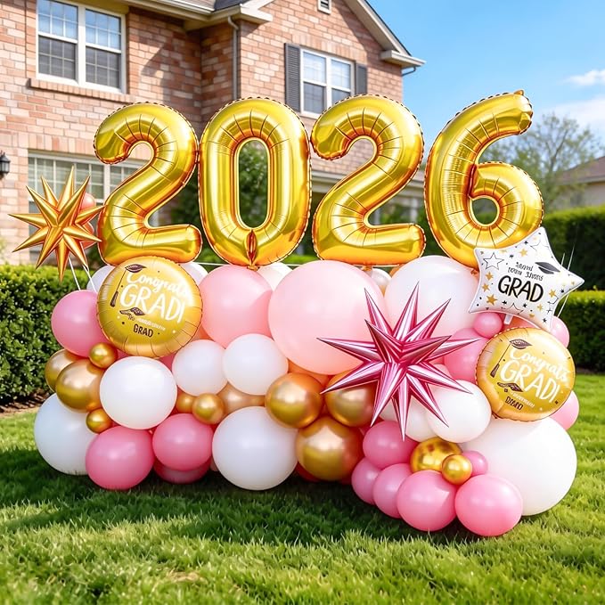 Pink White Gold Balloon Arch Kit, Graduation Balloons Garland, 2026 Graduation Decorations Pink Gold and White Balloons with Foil Star Balloon for Class of 2026 ollege High School Party Decor