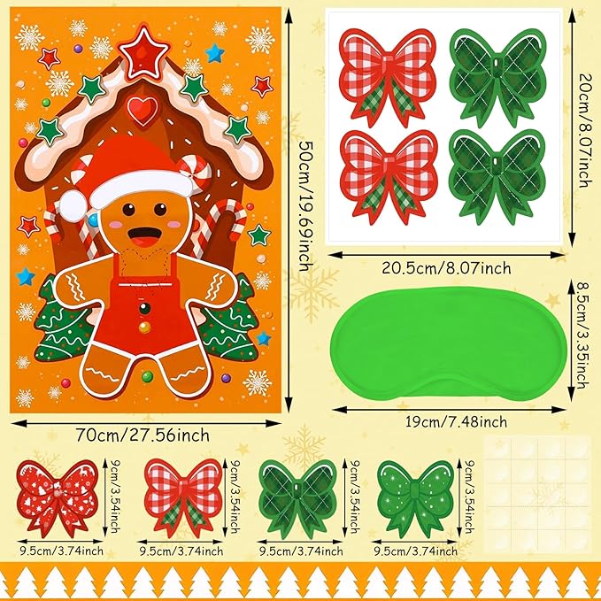 AUGSUN Christmas Party Games Pin The Bow Tie on The Gingerbread Man Activities Xmas Gingerbread Poster with Blindfold and Stickers for Christmas Activity Birthday Party Favor Supplies Family Gathering