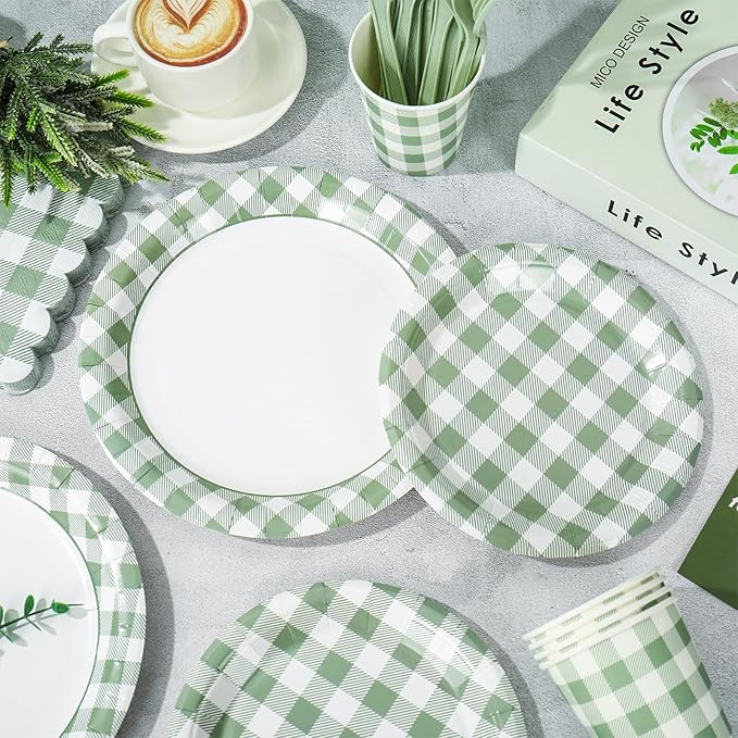 175Pcs Sage Green Gingham Party Supplies Kit Buffalo Plaid Tableware Set Disposable Dinnerware Paper Napkin Plate Cup Spoon Fork Knife for 25 Guest Party Favor