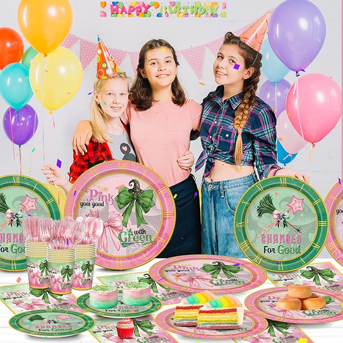 168Pcs Witch Party Supplies Pink Green Paper Plates Napkins Disposable Tableware for Birthday Party Decorations Serve 24 Guests