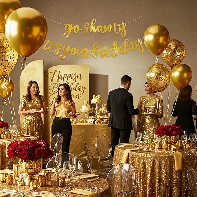 BEISHIDA Go Shawty It's Your Birthday Banner NO DIY Hip Hop Theme Happy Birthday Banner Pre-Strung Rap Theme Happy Birthday Sign for Man Women birthday Party Supply Double-Sided Bright Gold