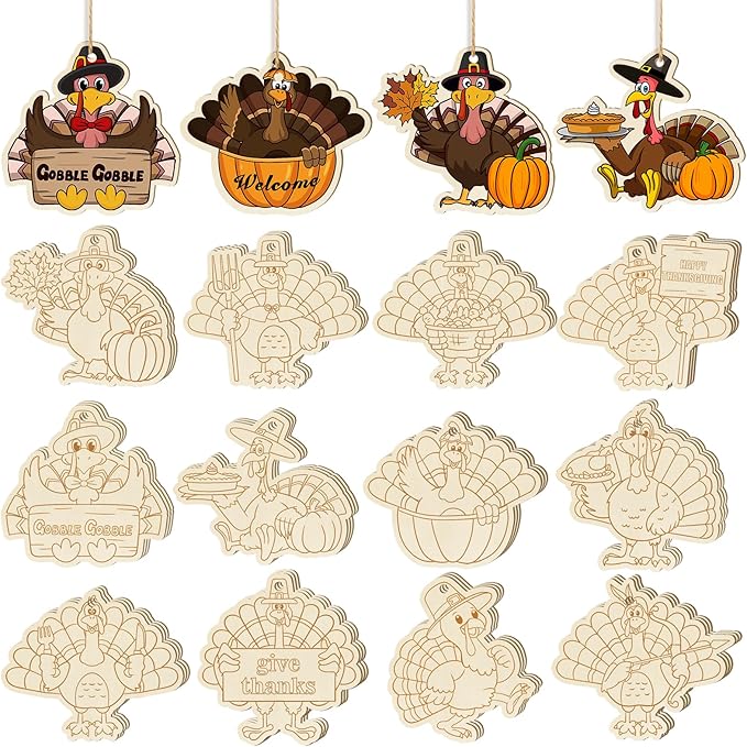 36PCS Wooden Thanksgiving Decoration Turkey Ornaments to Paint Thanksgiving Ornaments for Tree Crafts Cutouts Unfinished, DIY Blank Fall Unfinished Turkey Pumpkin Ornament for Home Harvest Hanging
