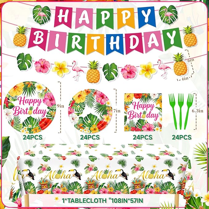 Hawaiian Birthday Party Decorations, 99Pcs Aloha Party Plates-Serve 24 With Birthday Banner Tablecloth Napkins Disposable Dinnerware Set for Hawaiian Birthdays Tropical Summer BBQ Party Decorations