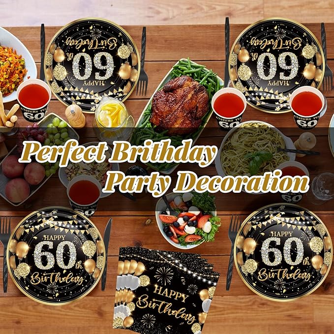 240 Pcs 60th Birthday Decorations 1966 Birthday Party Tableware Include Plates Napkins 9oz Cups Cutlery 60th Anniversary Party Supplies for Men Women Him Her, Serve 30 Guests (Black Gold)