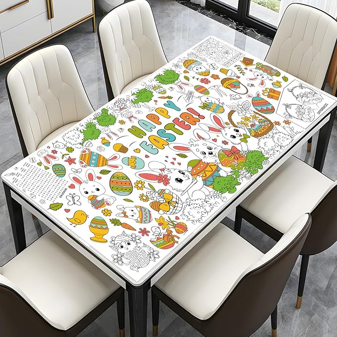 Giant Easter Coloring Poster - Large Happy Easter Coloring Tablecloth Cover, Jumbo Cute Bunny Paper Colorable Table Cloth Banner for Easters Gifts Activities Game Party Decorations Props, 31 x 72Inch