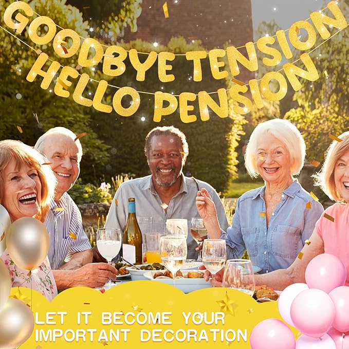 Retirement Banner Pre-Strung GOODBYE TENSION HELLO PENSION Banner Glitter Retirement Party Supplies Decorations for Women Men Office Home Decor (Gold)