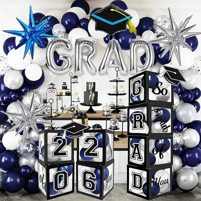 2026 Graduation Boxes Decorations,Blue and Silver Balloon Garland Arch Kit with GRAD,2026 Balloon Boxes,Graduation Cap Decor for High School,College Graduation Party Supplies