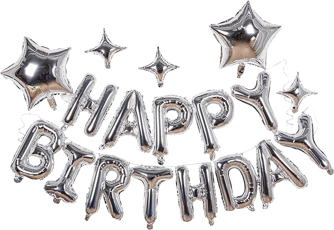 23 Pcs Happy Birthday Balloons Banner, 16 Inch Silver Balloons Mylar Foil Letter with 5pcs Star Balloons Kits for Kids Boys Men Women and Girls Birthday Party Decoration Supplies