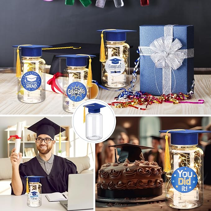 Boao 16 Sets Graduation Table Decoration Set with LED Light up Graduation Decorations for Class of 2026, Grad Jar, Felt Grad Hat and Stickers for High School College(Blue,Vivid)