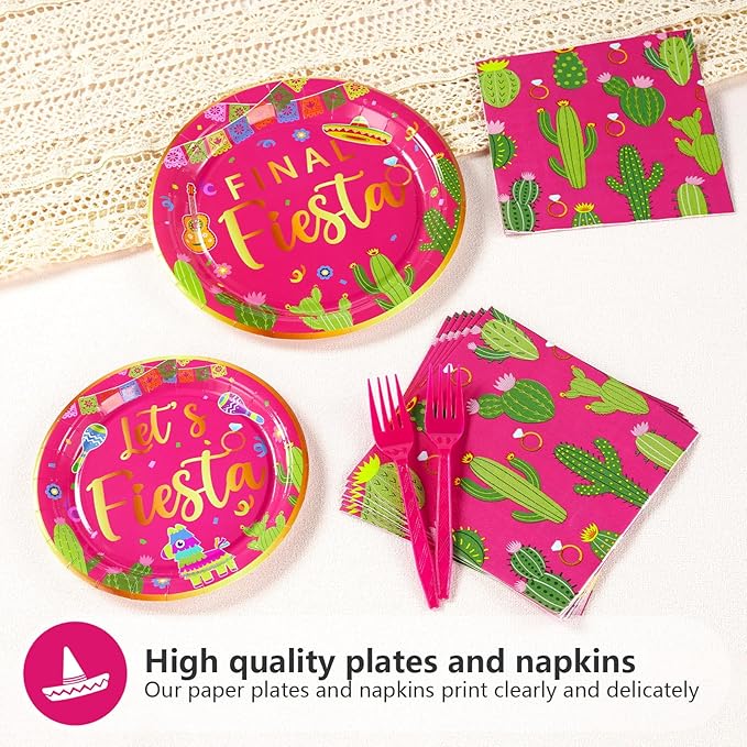 96Pcs Final Fiesta Bachelorette Party Decorations Hot Pink Mexican Cactus Plates and Napkins Tableware Sets Mexican Taco Themed Party Supplies for Cinco De Mayo Let’s Fiesta Party Favors Serves 24