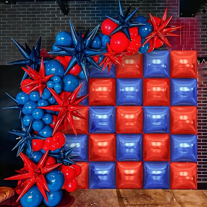 Red and Blue Square Foil Balloons Wall, Double Sided Chrome Deep Blue Red Balloons Tunnel Arch Kit Backdrop for Boys Birthday Graduation 4th of July Nautical Party Theme Decorations